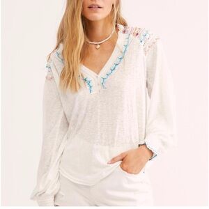 Free People Siesta Fiesta White Burnout Embroidered Henley Style Top, Sz M